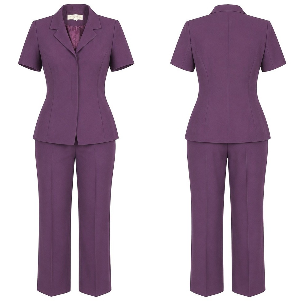 Larry Levine Pant Suit Womens 4 Purple Short Sleeve Blazer Straight Leg Vintage